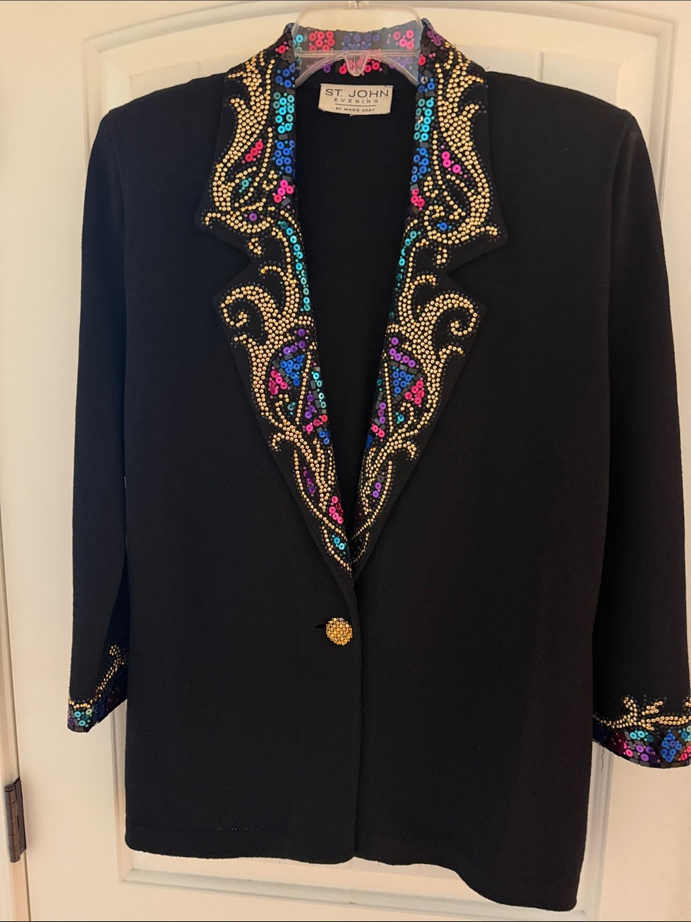 St. John Black Jacket with Multicolor Sequin Embellished Lapel and Cuffs